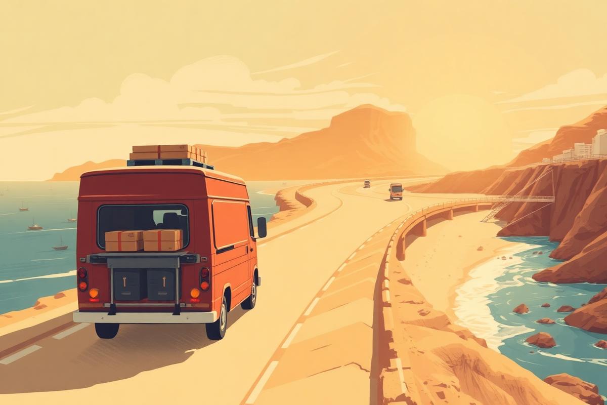 Delivery van loaded with parcels on a coastal highway route