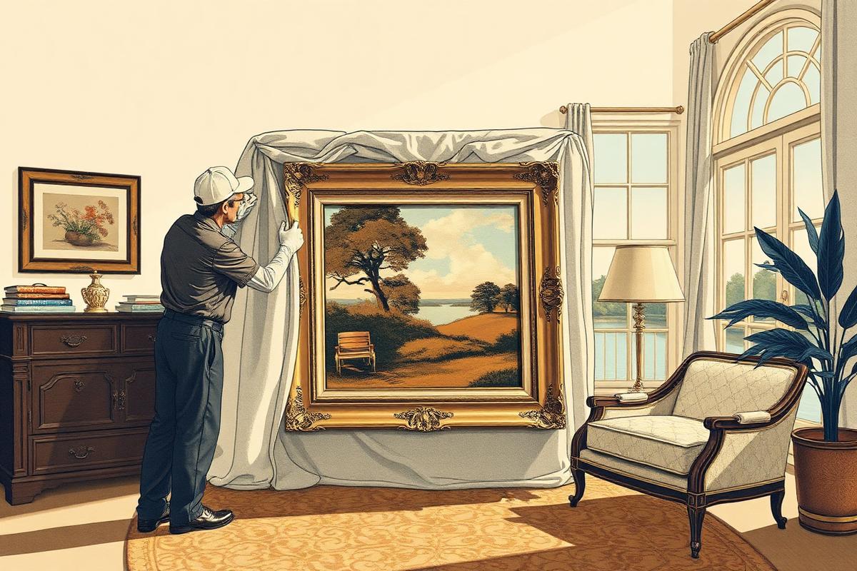 White-glove mover wrapping a framed painting inside a waterfront estate home