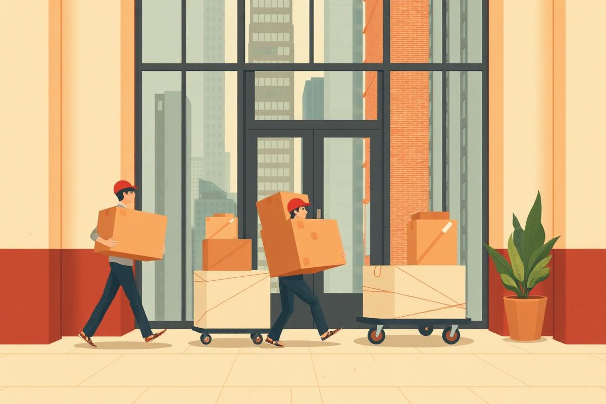 Movers carrying wrapped boxes into a condo tower lobby